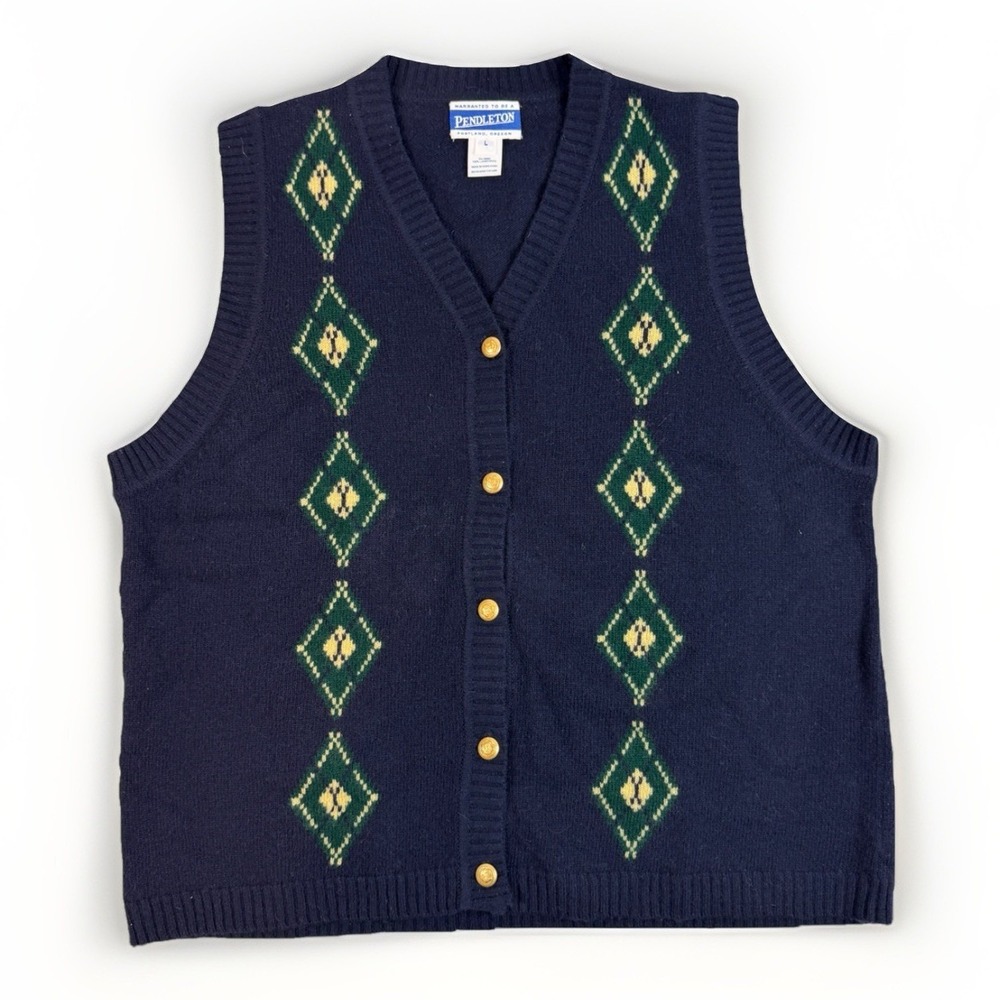 Vintage Pendleton Vest Women's L Blue Argyle Fair isle Sweater 100% Lambswool